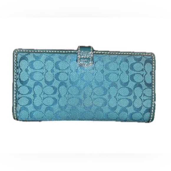 Coach Signature Canvas Patent Leather Wallet Monogram Teal Blue - Picture 2 of 10